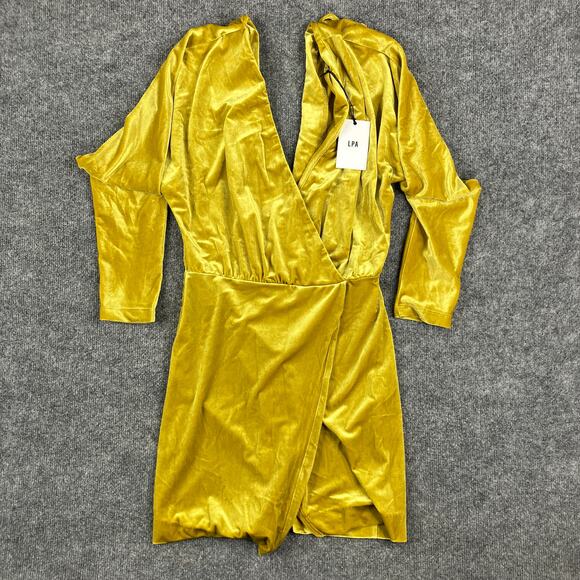 LPA Dress Womens S Gold Velvet Long Sleeve Wrap Deep V Neck Mini Party - Picture 1 of 8